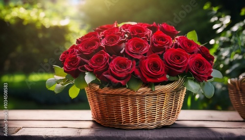 red roses in wicker basket romantic floral arrangement garden decoration