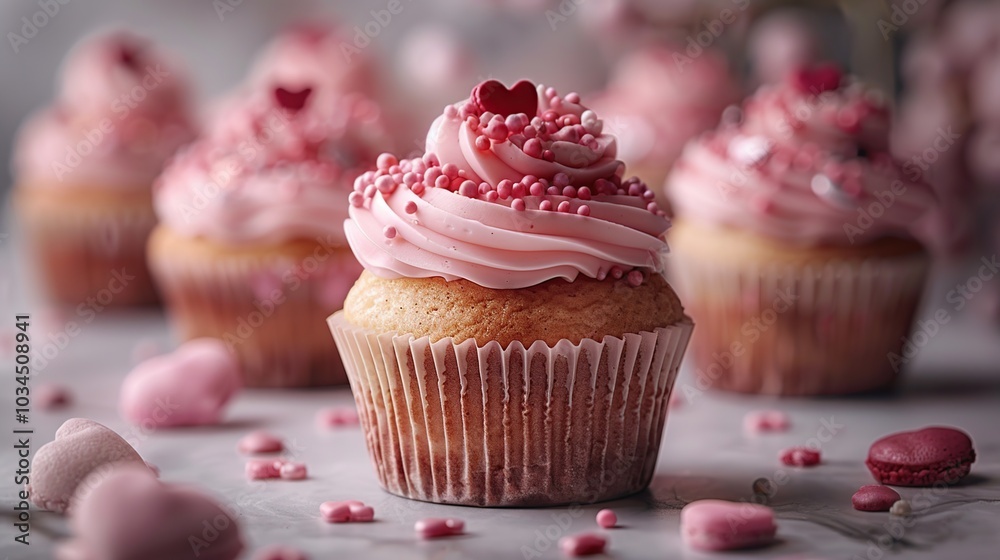 A close-up shot of a pink cupcake with sprinkles and heart-shaped decorations, a row of other cupcakes are visible in the background. A close-up shot of a pink cupcake with sprinkles and heart-shaped decorations, a row of other cupcakes are visible in the background.