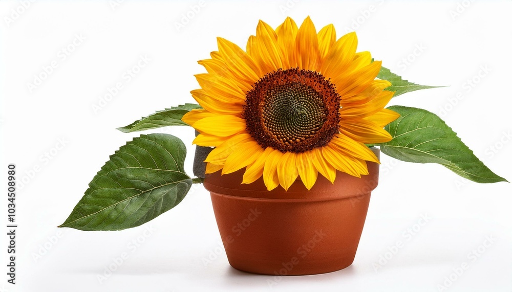 Obraz premium single sunflower plant in clay pot isolated on white background