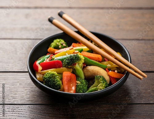 stir fried vegetables with chopsticks on wooden table healthy food asian cuisine dinne photo