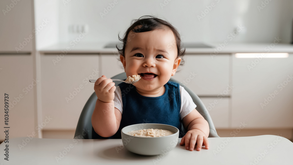 adorable baby eating porridge in the kitchen adorable baby eating porridge in the kitchen