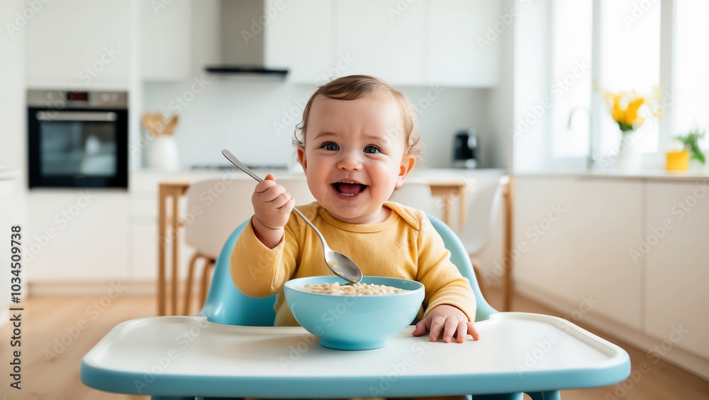 adorable baby eating porridge in the kitchen adorable baby eating porridge in the kitchen