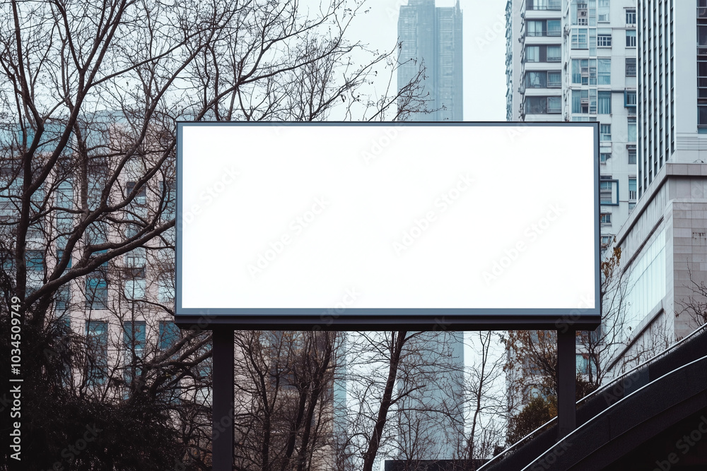 Fototapeta premium A mockup of an empty vertical billboard next to the entrance stairs in front of a modern building, with a white background and gray stone steps leading up to it, with trees on each side.