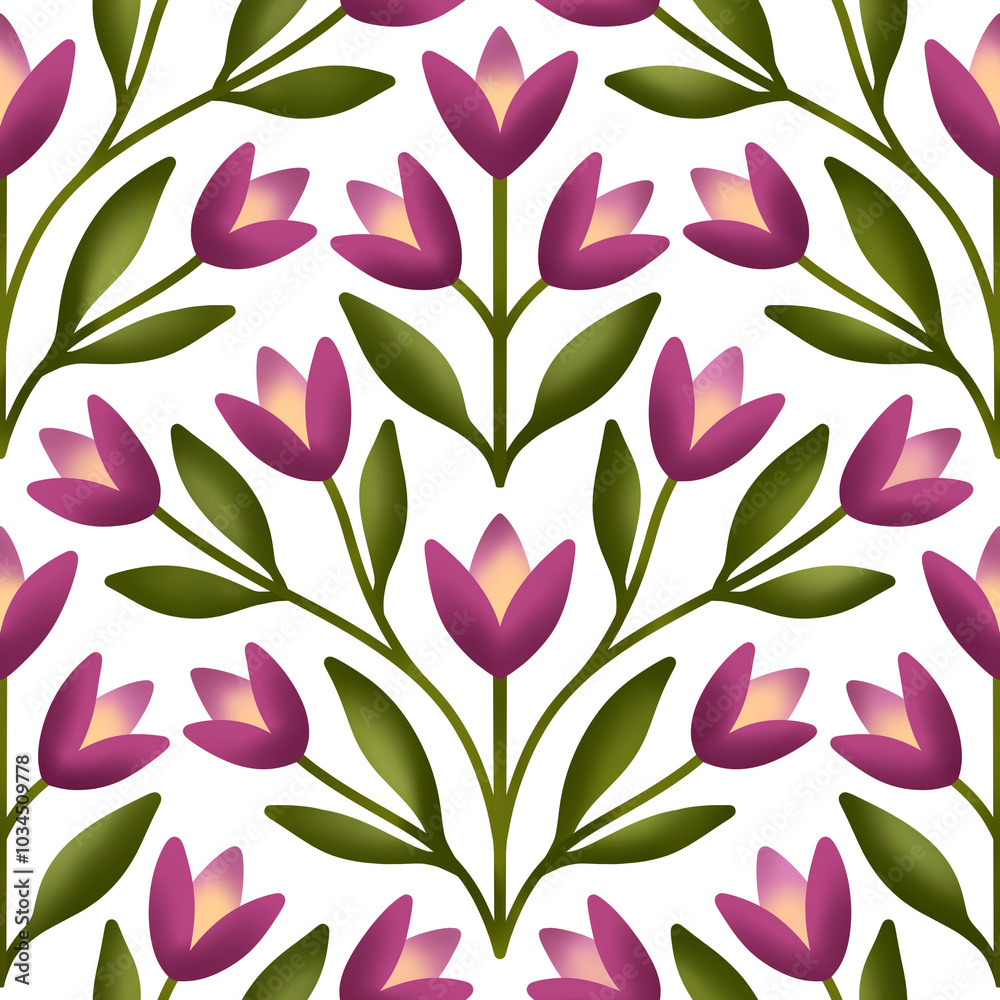 Seamless floral pattern with flowers and leaves. pink green summer, white background, textile