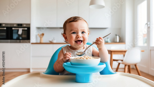 adorable baby eating porridge in the kitchen