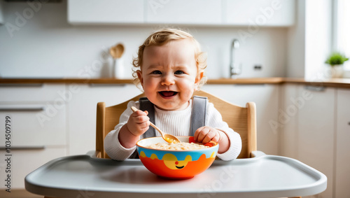 adorable baby eating porridge in the kitchen