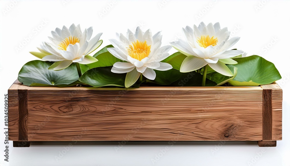 Obraz premium white water lily flowers in wooden planter isolated on white background