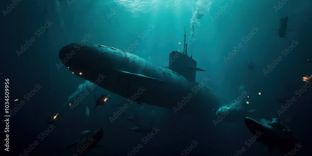 custom made wallpaper toronto digitalA dark and tense underwater scene depicting a submarine engaged in battle, showcasing torpedoes, dramatic lighting, and an atmosphere of suspense and military strategy.