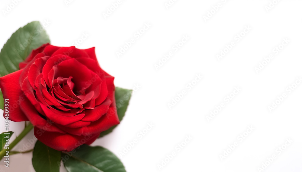 Fototapeta premium red rose with leaves pattern on side position provides copy space for text. background concept isolated white