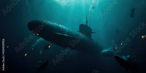 Wallpaper Mural A dark and tense underwater scene depicting a submarine engaged in battle, showcasing torpedoes, dramatic lighting, and an atmosphere of suspense and military strategy. Torontodigital.ca