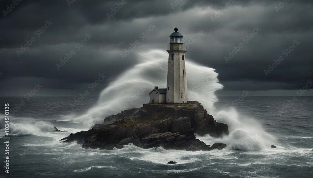 An aerial view of a lighthouse stands resilient against stormy seas and dark clouds.
An aerial view of a lighthouse stands resilient against stormy seas and dark clouds.