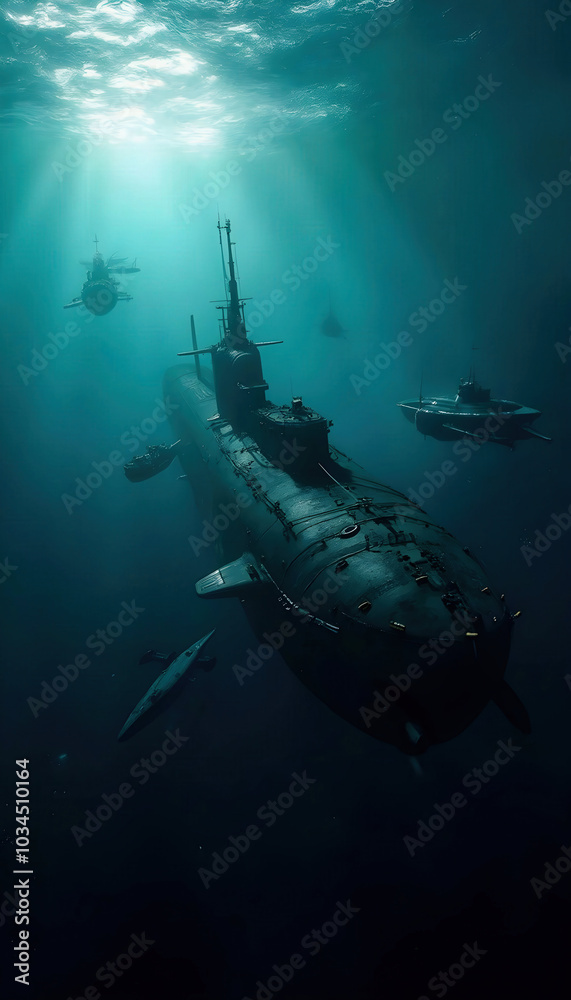 Fototapeta premium A dark and tense underwater scene depicting a submarine engaged in battle, showcasing torpedoes, dramatic lighting, and an atmosphere of suspense and military strategy.