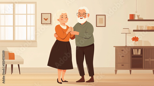 Depiction of a joyful elderly couple dancing and smiling in their living room at home