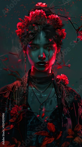 Dark Portrait of Woman with Red Roses