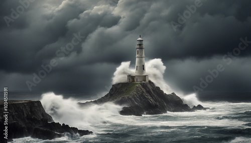 An aerial view of a lighthouse stands resilient against stormy seas and dark clouds.






 photo