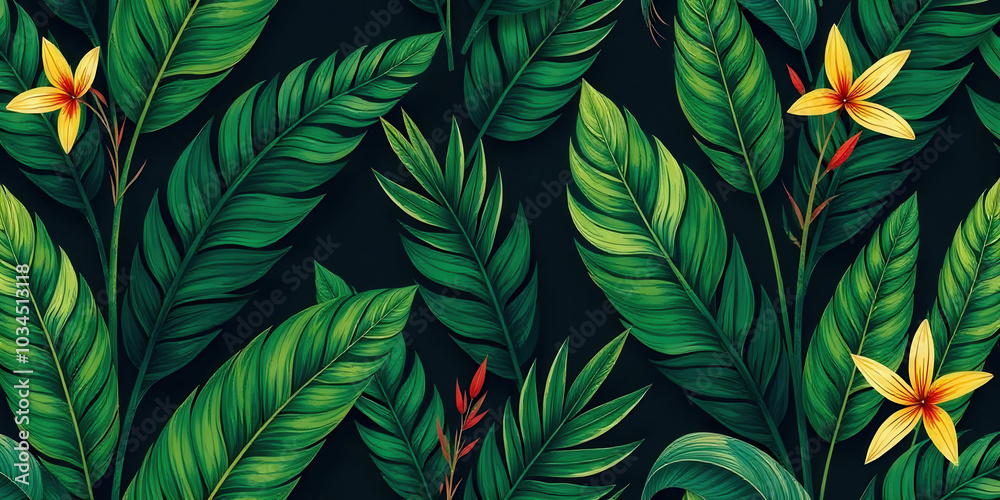 Exotic tropical flowers emerge amidst dark, moody greenery, including banana leaves. The rich colors and dramatic shadows create a lush, inviting atmosphere, perfect for nature enthusiasts
