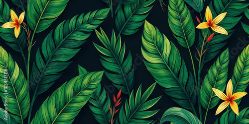 Wallpaper Mural Exotic tropical flowers emerge amidst dark, moody greenery, including banana leaves. The rich colors and dramatic shadows create a lush, inviting atmosphere, perfect for nature enthusiasts Torontodigital.ca