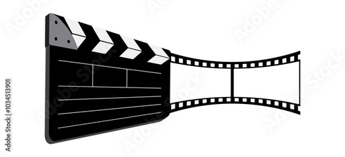Clapper board, 35mm 2 frames film reel vector design isolated on white. 3d filmstrip movie production icon illustration to use for motion picture, television, cinema, film project.