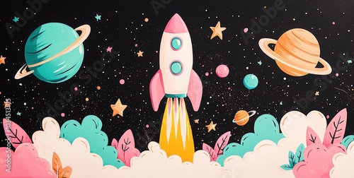 A vibrant rocket ship launches into the cosmos, surrounded by whimsical planets and stars in a colorful, imaginative space adventure