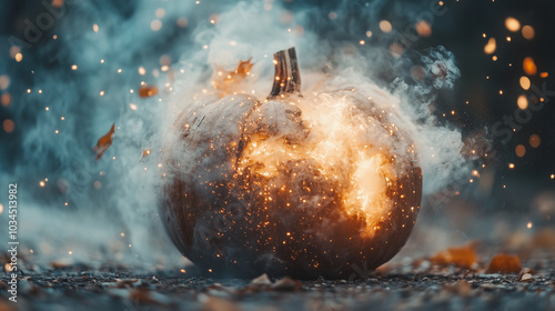 Dramatic pumpkin bursts with sparks and smoke, creating a captivating spectacle against a blurred dark background, capturing the essence of Halloween magic