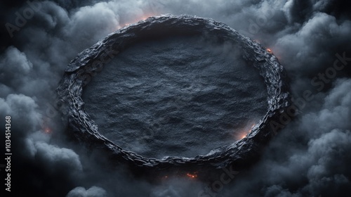 A foreboding iron gate adorned with skulls stands amidst swirling clouds of smoke and ash in a darkened realm, evoking mystery and trepidation