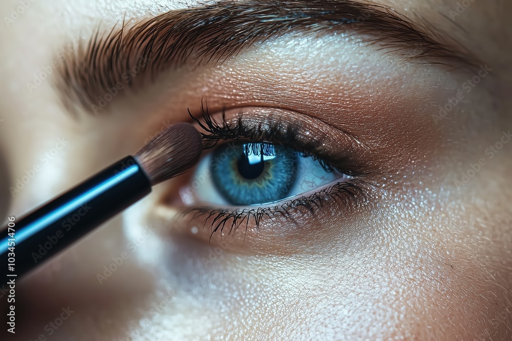 Naklejka premium A close-up of a woman applying shimmering eyeshadow with a makeup brush. The scene is illuminated by cool, dramatic lighting, highlighting her flawless skin and defined features, creating a sophistica
