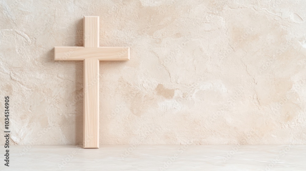A plain wooden cross rests against a textured wall, symbolizing strength and endurance in a quiet moment of faith A plain wooden cross rests against a textured wall, symbolizing strength and endurance in a quiet moment of faith