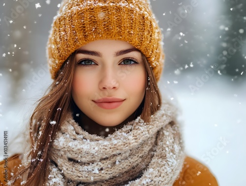 Beautiful young woman smiling in winter snow photo