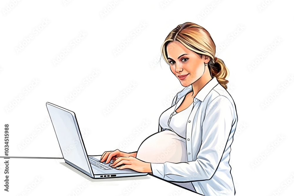 Pregnant woman working on a laptop at home while smiling and enjoying her time Pregnant woman working on a laptop at home while smiling and enjoying her time