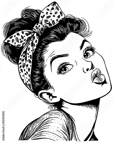 Woman wearing a bandana making a silly kissing face illustration in black 