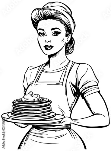 Cartoon illustration in black of a woman serving pancakes 