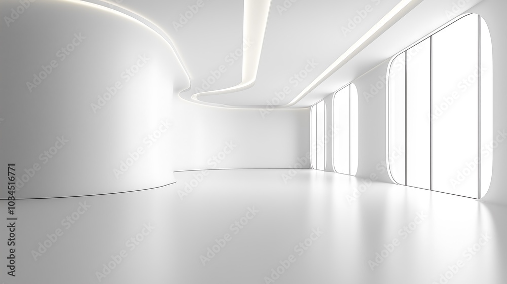 A minimalist, modern interior featuring white walls and large windows, enhancing natural light in an open space. A minimalist, modern interior featuring white walls and large windows, enhancing natural light in an open space.