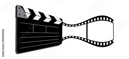 3d clapper board, 35mm 2 frames film reel vector design isolated on white. 3d filmstrip movie production icon illustration to use for motion picture, television, cinema, film project.