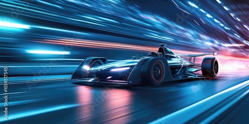 Electric car racing on a modern track, high-performance, dynamic action, cutting-edge automotive technology