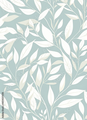 Seamless pattern featuring white leaves on a pale mint background