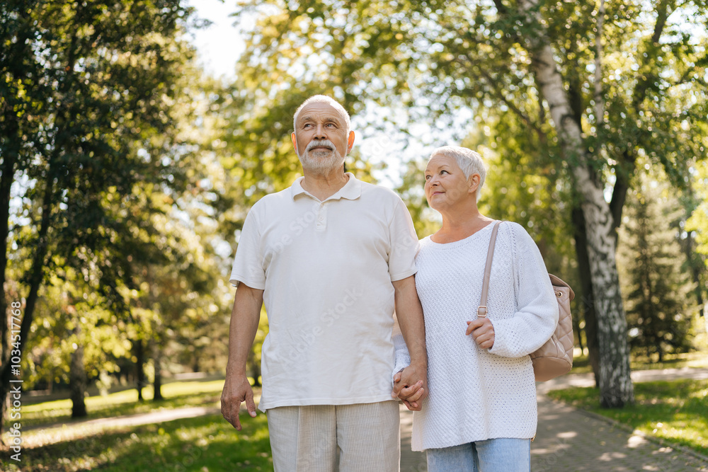 Beautiful senior couple enjoying leisurely stroll in green park, holding hands intertwined, sharing tender moment on sunny summer day. Active elderly man and woman enjoying retirement together. Beautiful senior couple enjoying leisurely stroll in green park, holding hands intertwined, sharing tender moment on sunny summer day. Active elderly man and woman enjoying retirement together.
