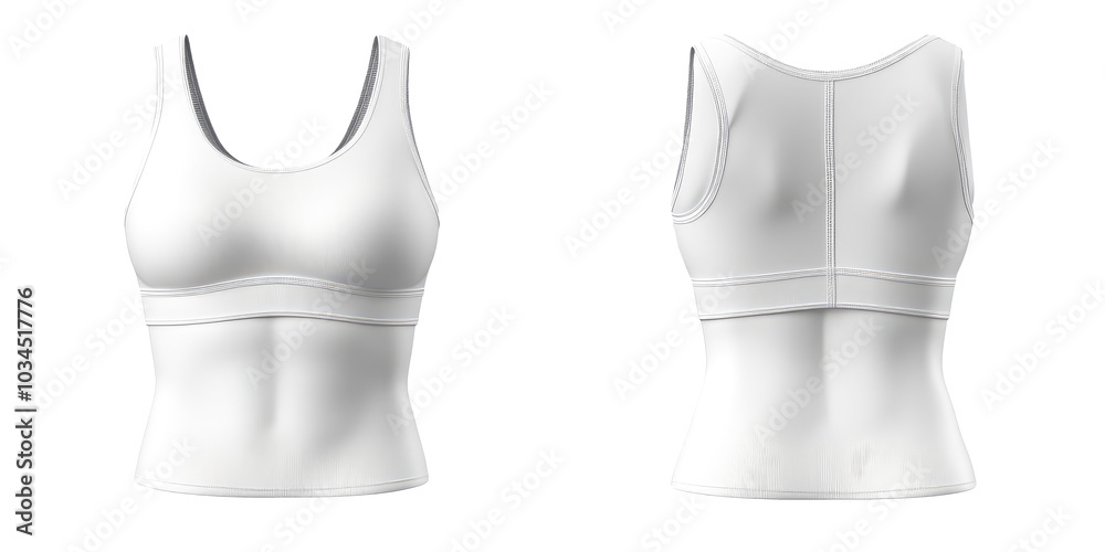 White female sports exercise bra tank crop top front and back view. Blank mockup design on transparent cutout background, PNG file. Mockup clipart template White female sports exercise bra tank crop top front and back view. Blank mockup design on transparent cutout background, PNG file. Mockup clipart template