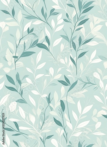 Seamless pattern featuring white leaves on a pale mint background