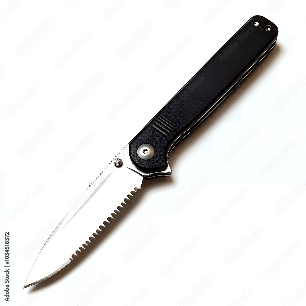 A black pocket knife with a serrated blade. A black pocket knife with a serrated blade.