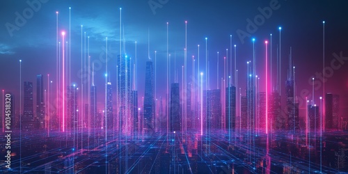 Futuristic business network with neon lines linking data points across a city skyline, symbolizing connected solutions