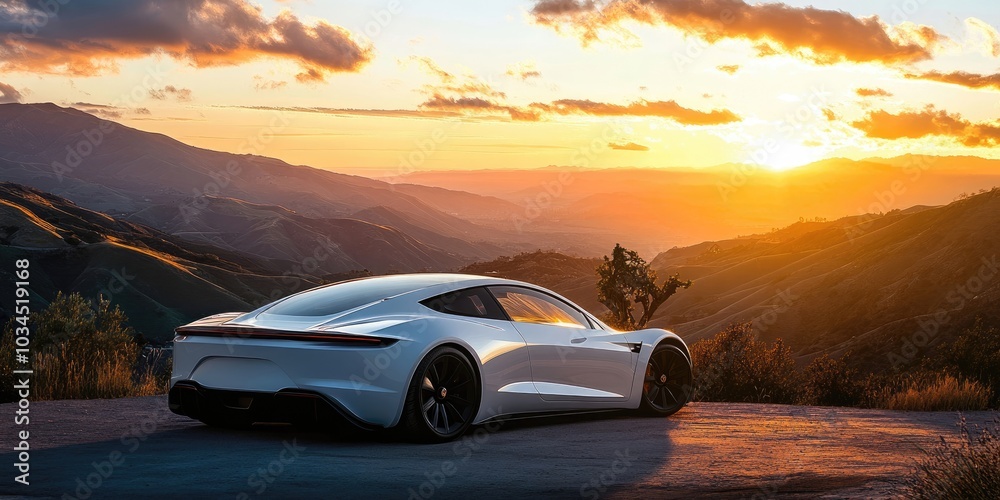 Electric sports car parked at a scenic overlook, driver taking in the view, sunset over mountains, serene moment Electric sports car parked at a scenic overlook, driver taking in the view, sunset over mountains, serene moment