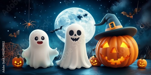 Happy Halloween day poster or banner vector template. Halloween big moon, pumpkin ghost, wizard hat, cute ghost, cartoon skull, spider web and realistic 3d design plastic style halloween elements.