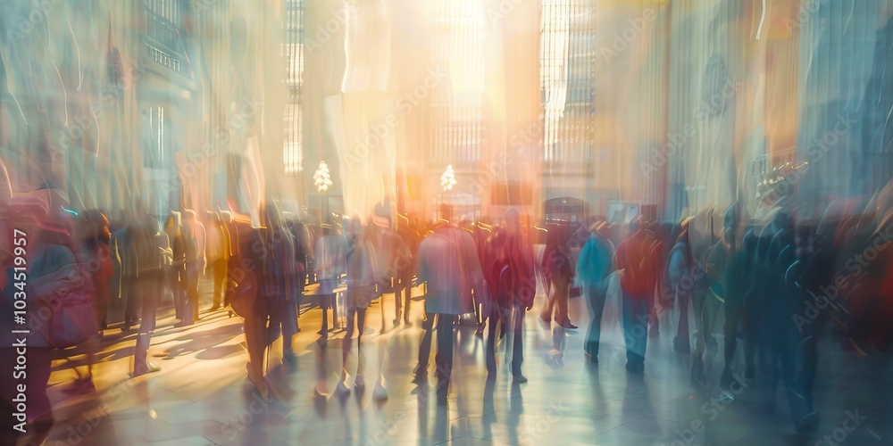 Fototapeta premium Defocused crowd at an exhibition hall, with bright light creating a blurry, abstract scene