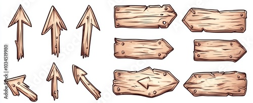 An illustration of a wooden text box with brown wood texture in various shapes. Timber planks in the form of rectangles and arrows. An illustration of a road signpost.