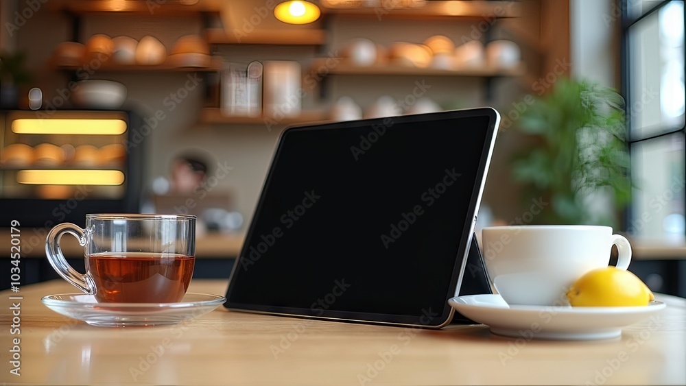 Generative, AI, A tablet with a blank screen next to a cup of tea and a lemon slice on a wooden table.
Generative, AI, A tablet with a blank screen next to a cup of tea and a lemon slice on a wooden table.