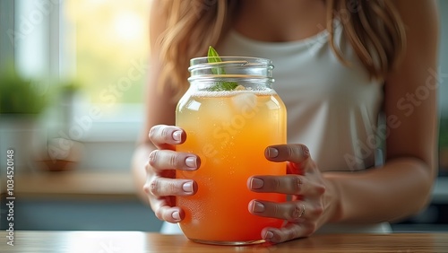 Generative, AI, Woman holding a jar of orange drink with ice and mint on a blurred background.