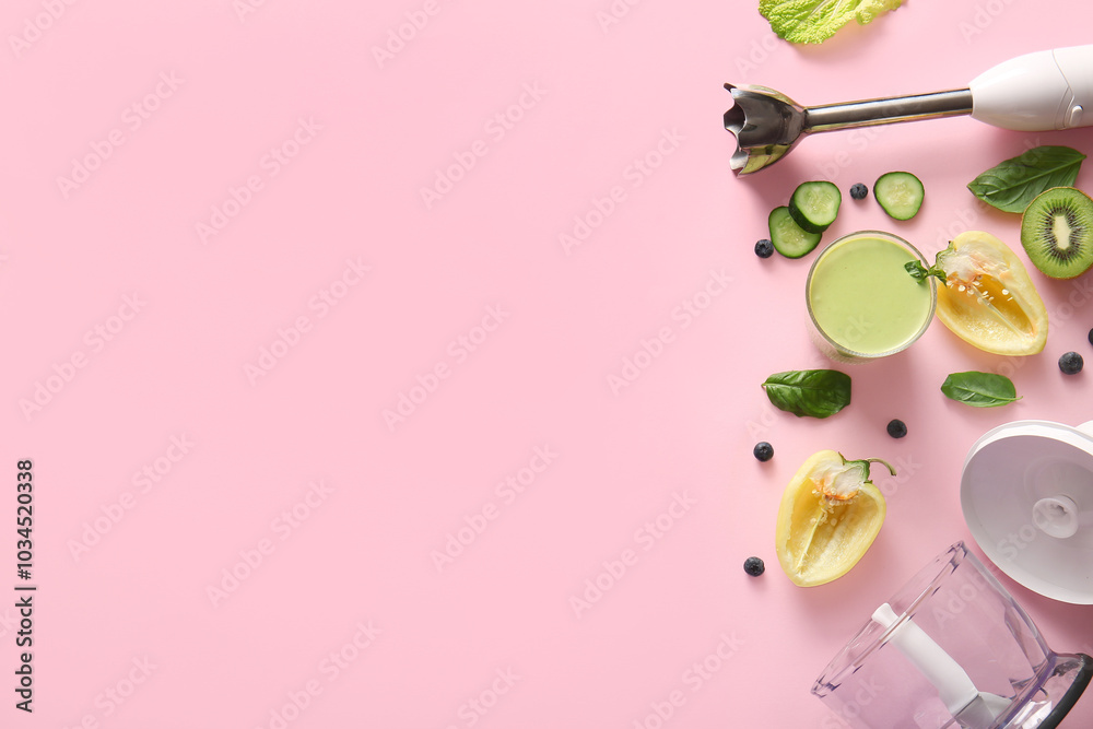 Modern blender with glass of smoothie, vegetables, fruits and berries on pink background Modern blender with glass of smoothie, vegetables, fruits and berries on pink background