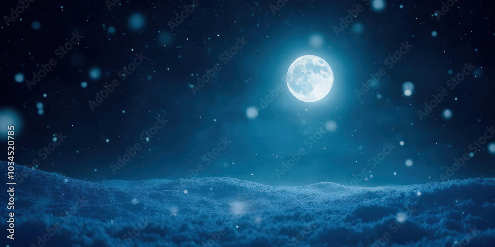 Fototapeta premium Winter Night Sky Background featuring a dark sky filled with twinkling stars and a glowing crescent moon, creating a serene and magical atmosphere perfect for winter-themed designs.