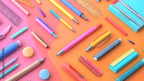 3D illustration of colorful writing instruments on a vibrant background 