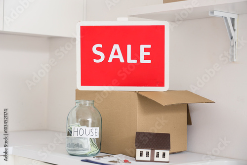 Box with SALE sign, house m...